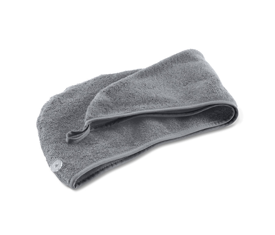 Graues Turban-Handtuch mit Knopf.