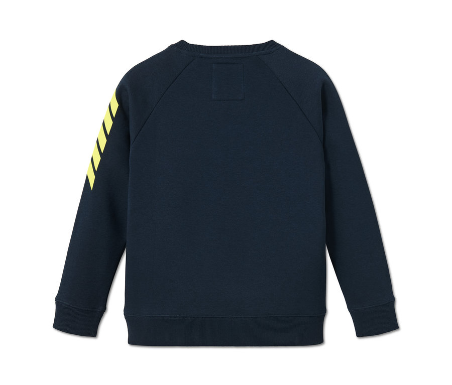 Blaues Sweatshirt von hinten mit fünf gelben Streifen auf dem linken Ärmel.