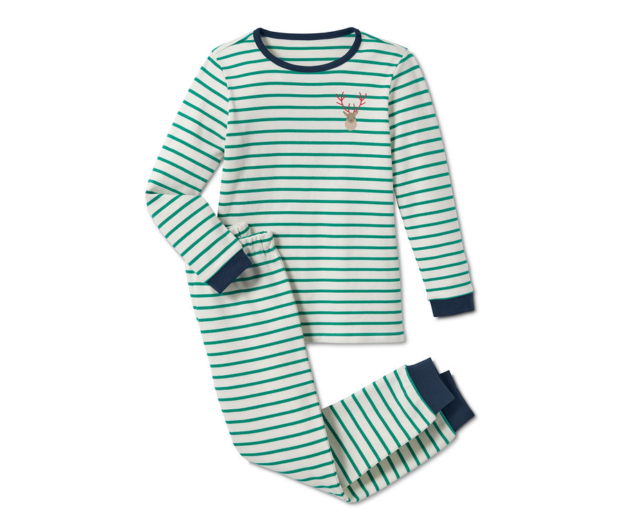 Gestreifter Interlock-Pyjama aus Bio-Baumwolle mit marineblauem Saum und Hirsch-Stickerei.