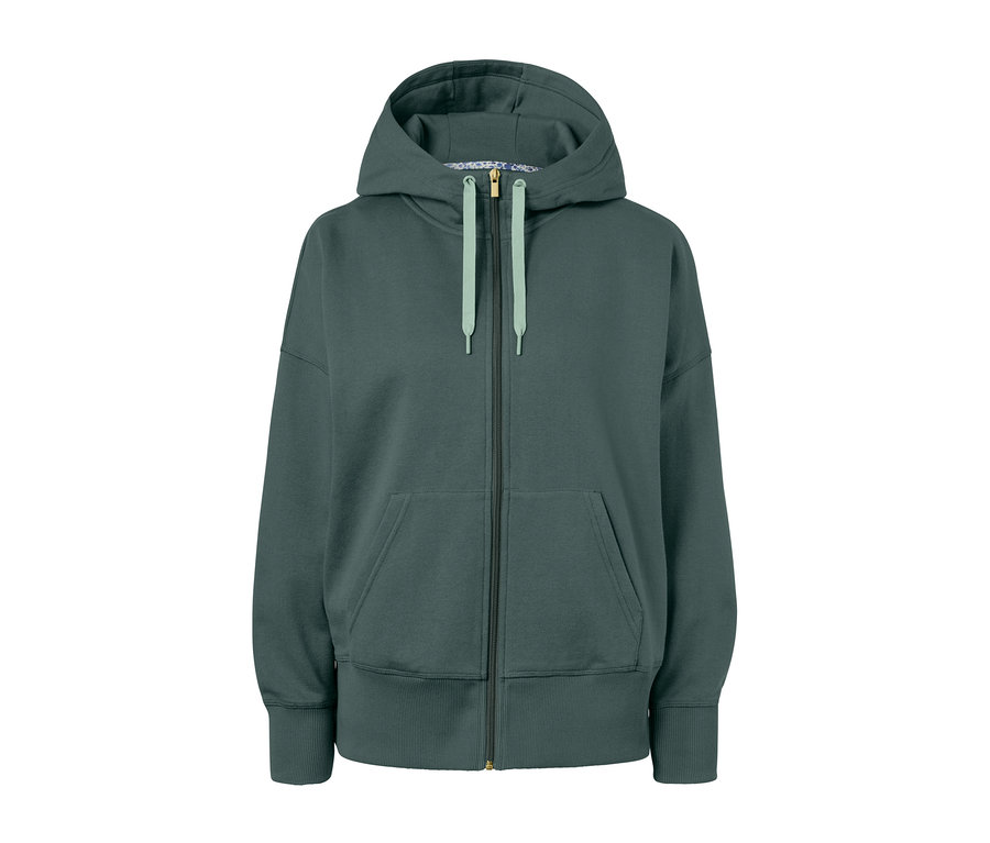 Grüne Sweatjacke mit Reißverschluss und Kapuze.