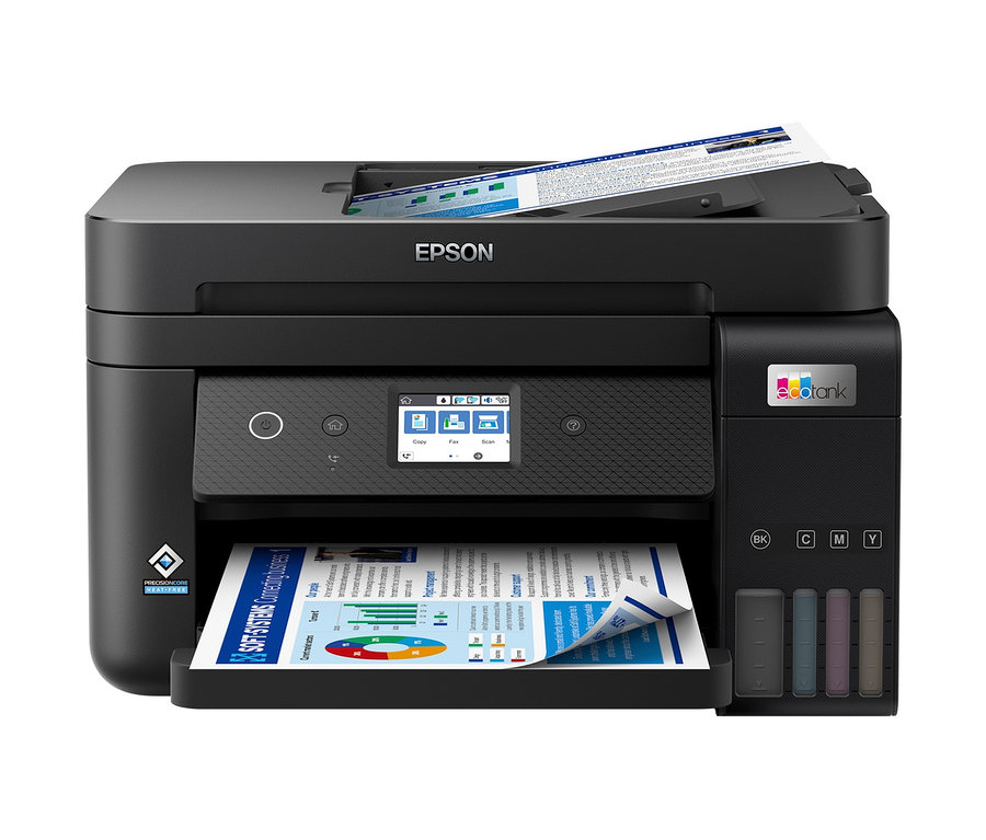 Ein schwarzer Epson Multifunktionsdrucker EcoTank ET-4850 mit Dokumenten im Einzug und Ausgabefach.