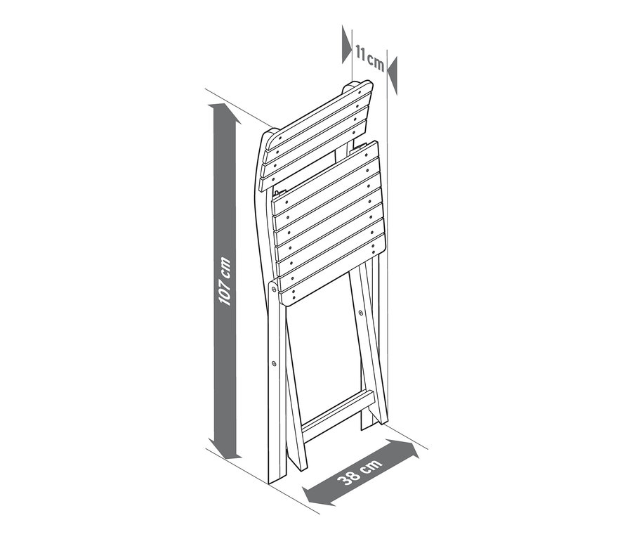 Illustration eines Klappstuhls aus dem Dining-Set »Leira«, 6-teilig, mit hervorgehobenen Abmessungen.
