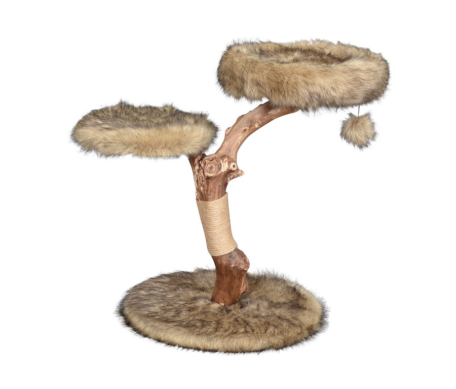 Mehrstöckiger Katzen-Kratzbaum mit Fellplattformen und einem mit Sisalseil umwickelten Stamm.