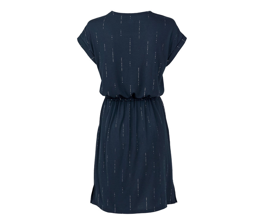 Dunkelblaues Outdoorkleid mit kurzen Ärmeln und weißem Muster.