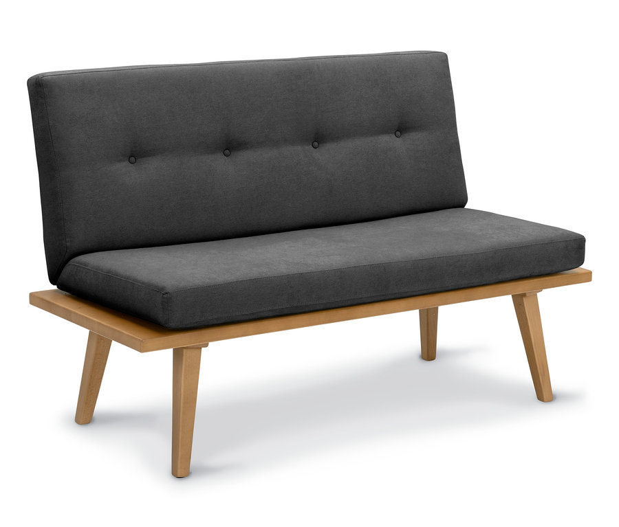 Anthrazitfarbenes Küchensofa mit Holzrahmen.