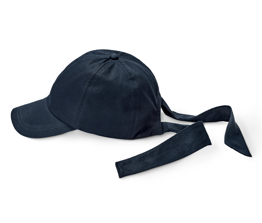 Marineblaue Cap mit Band zum Binden.