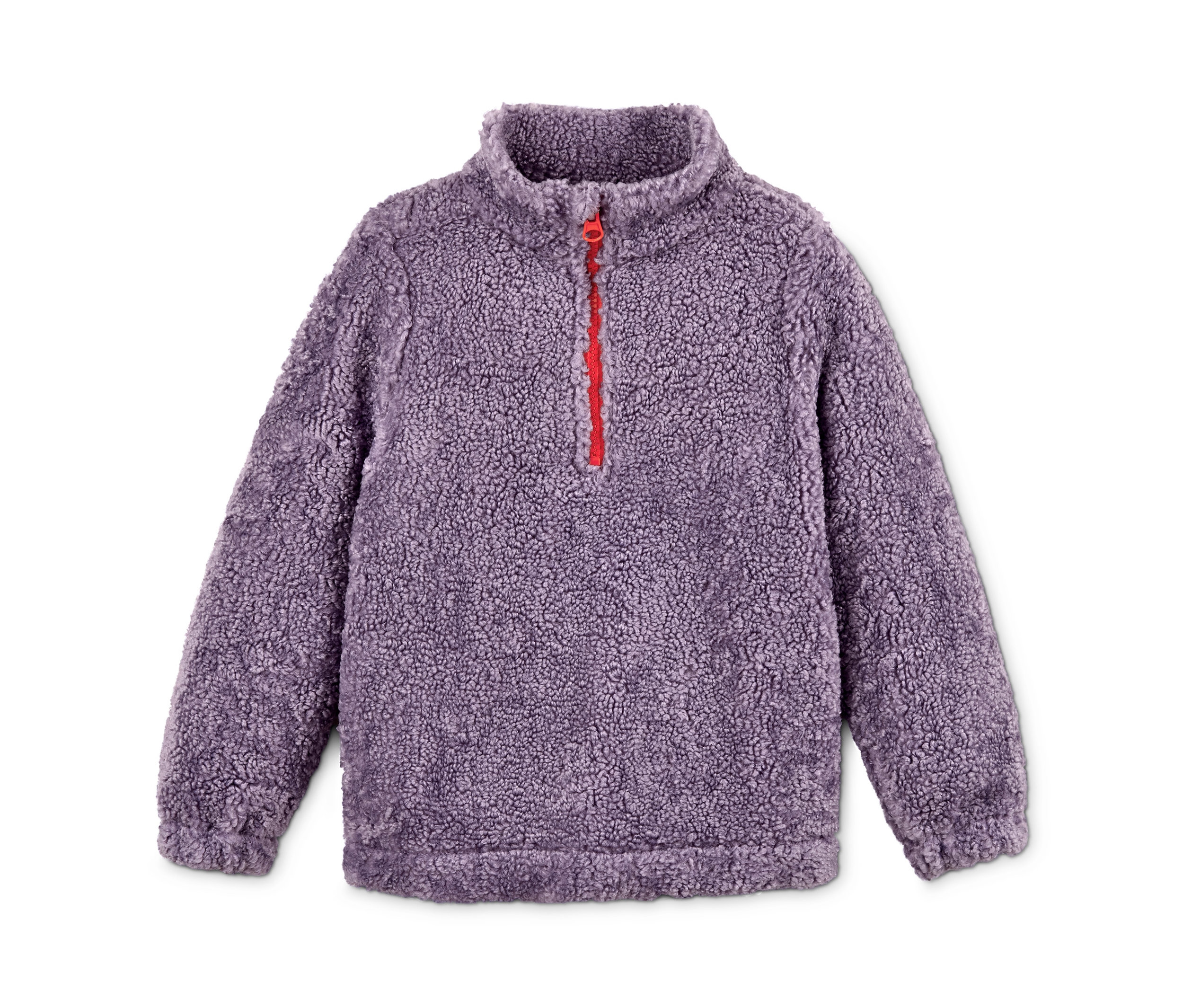 Lila Fleece-Troyer mit rotem Reißverschluss.