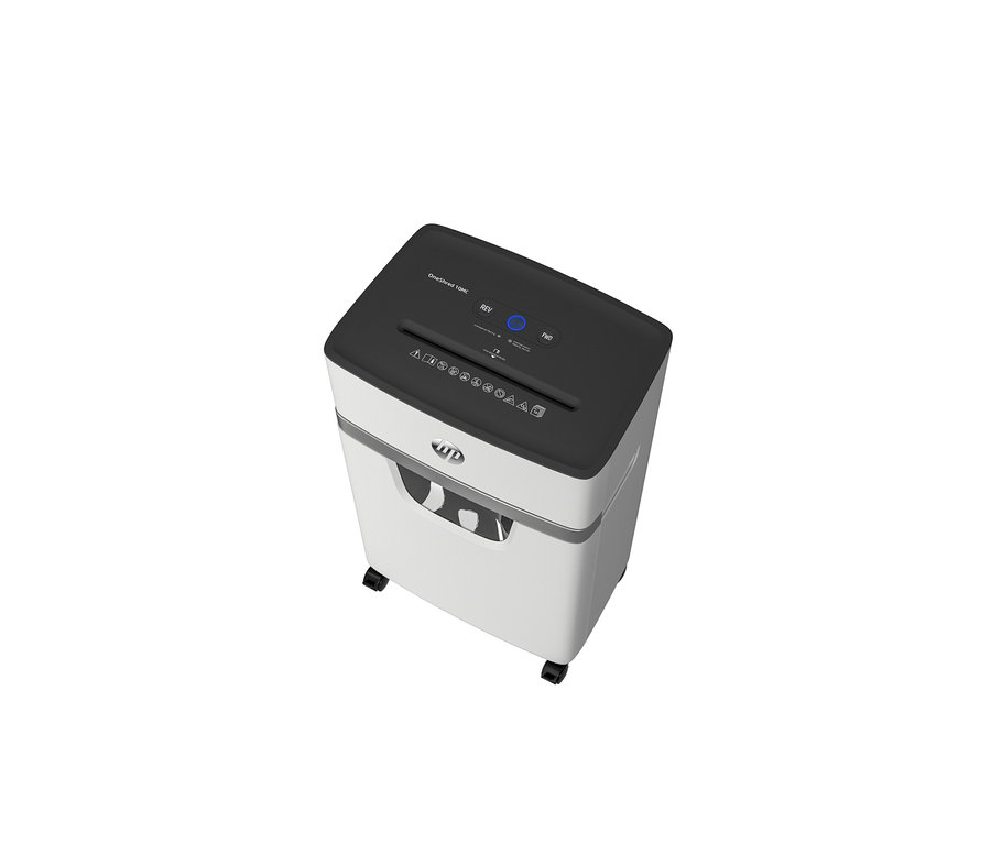 Detailansicht eines HP OneShred 10MC Aktenvernichters in Weiß und Schwarz mit Bedienelementen oben.