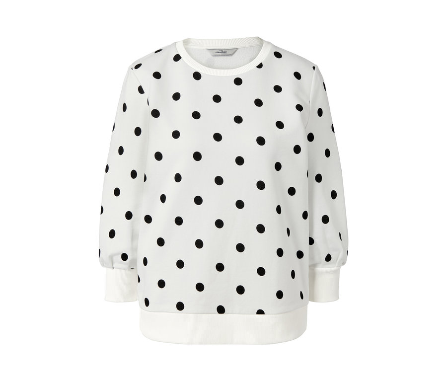 Weißes Sweatshirt mit 3/4-Arm und schwarzen Punkten.
