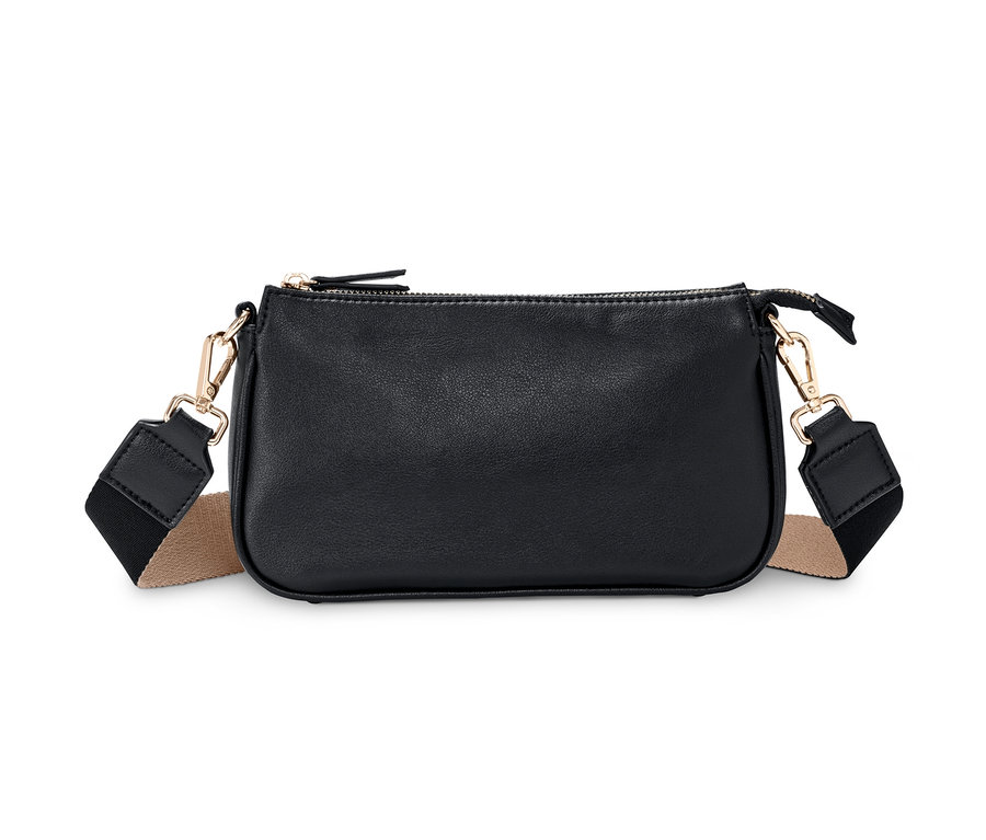 Schwarze Umhängetasche mit beigem Riemen.