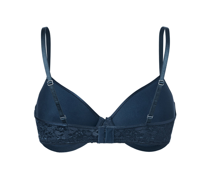 Detailansicht von Rückseite eines dunkelblauen Spacer-BHs.