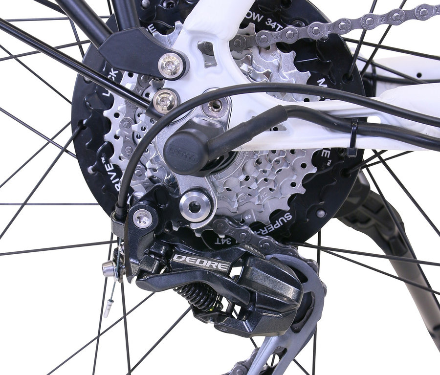 Detailansicht eines grauen HAWK Bikes E-Bike Damen "e-Trekking Lady BAFANG" mit 28 Zoll und 46-cm-Rahmen.