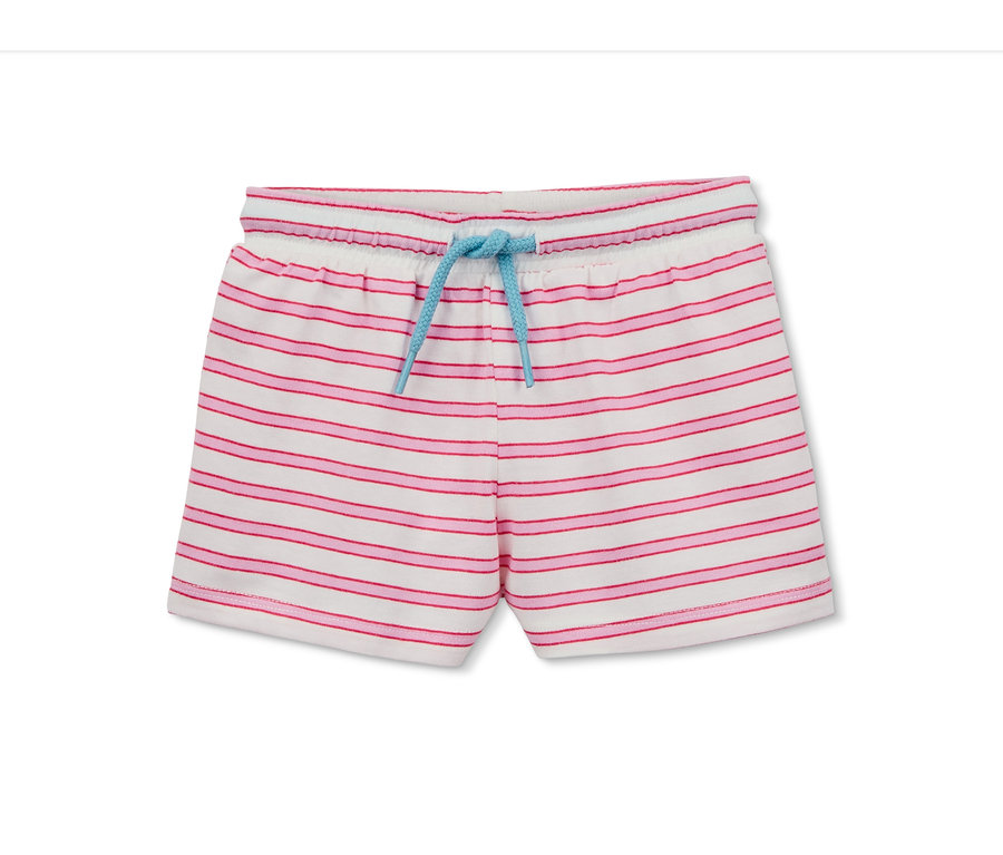 Weisse Shorty-Pyjama mit rosa Streifen und blauem Kordelzug. 2 Shorty-Pyjamas aus Bio-Baumwolle.
