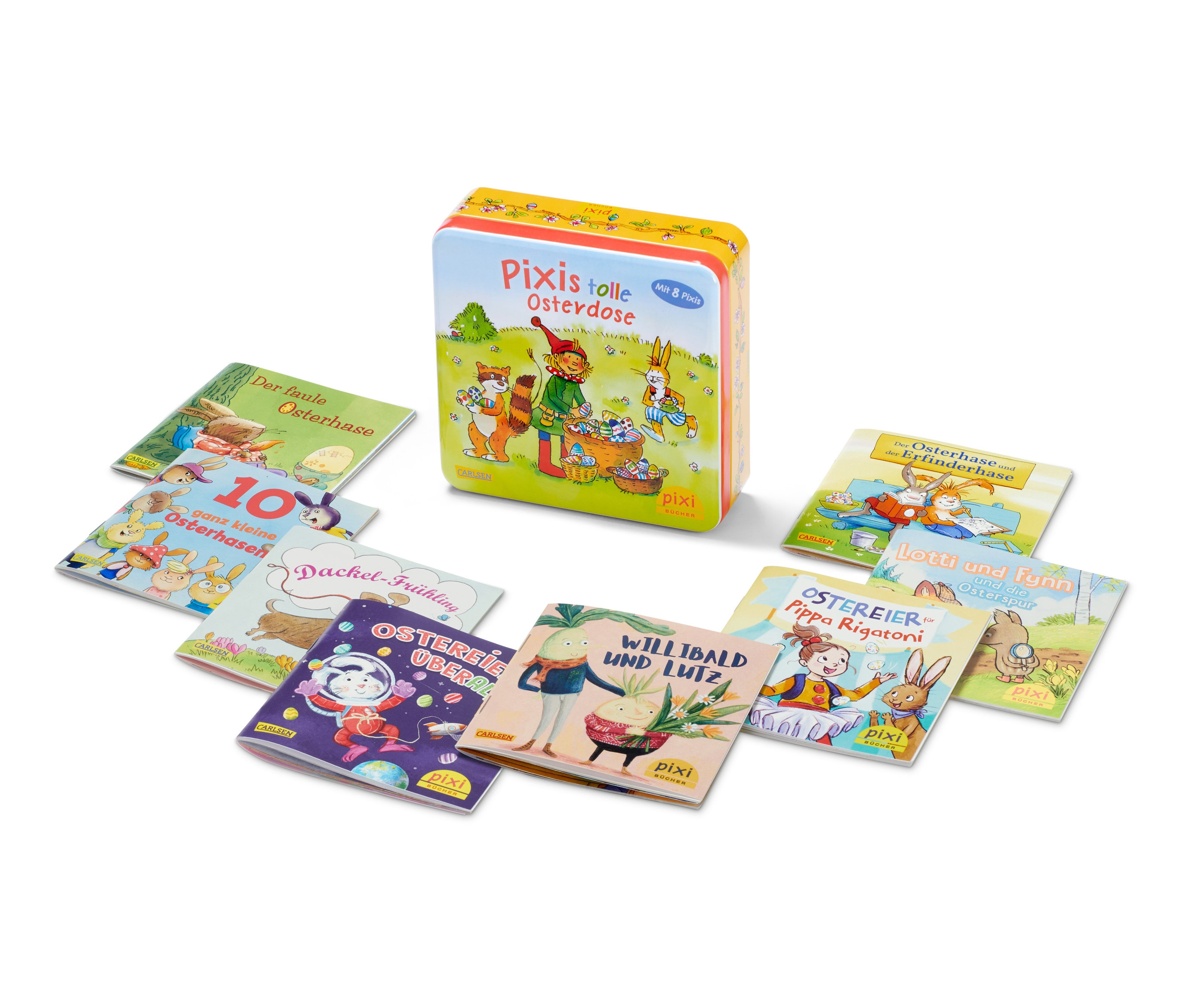 Eine Pixis tolle Osterdose Blechdose und ein Satz Pixi-Bücher sind abgebildet.
