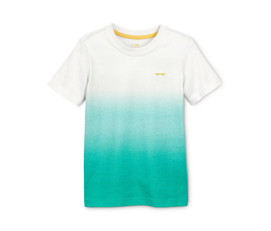 Weißes Kurzarm-T-Shirt mit blaugrünem Farbverlauf und gelbem Skateboard-Aufdruck. Shorty-Pyjama aus Bio-Baumwolle.