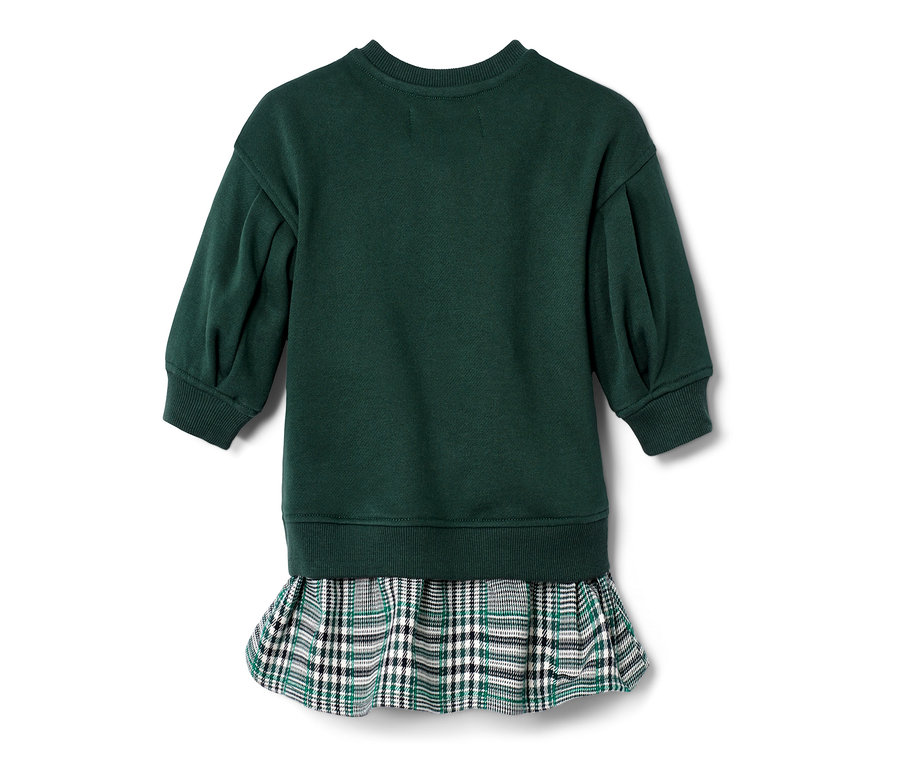 Grünes Kleid mit kariertem Rock von hinten.