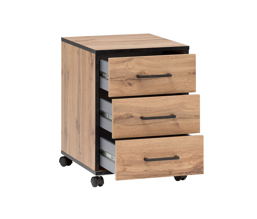 Rollcontainer »2000« mit drei Schubladen, Holzdekor und schwarzen Details, drei Schubladen sind geöffnet.