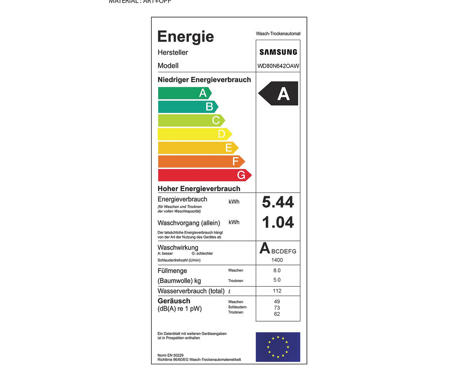 Energielabel des Samsung Waschtrockners WD80N6420AW, Klasse A, Verbrauch 5.44 kWh.