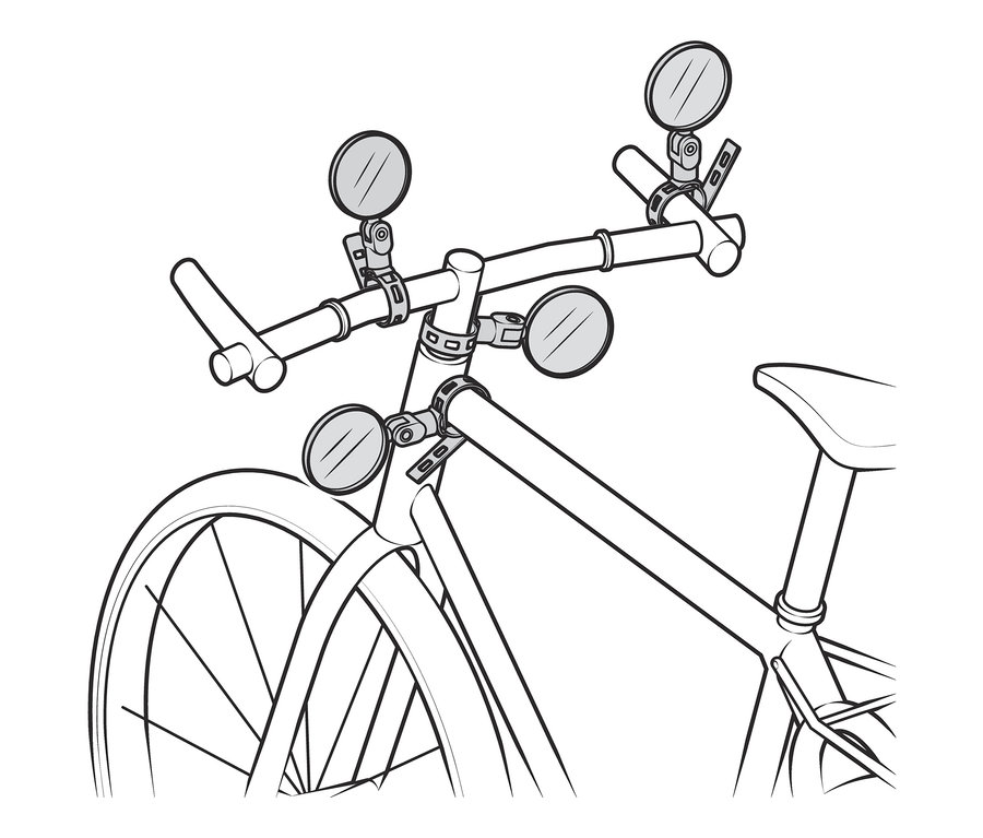 Zeichnung eines Fahrrads mit fünf Mini-Fahrradspiegeln am Lenker.
