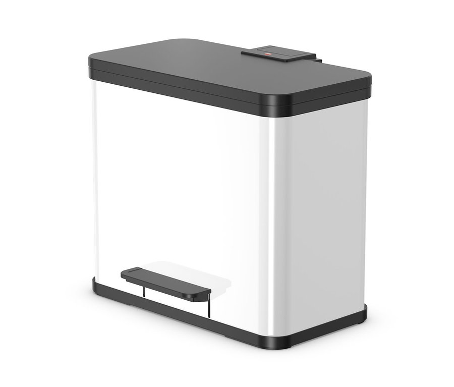 Rechteckiger Hailo Eco Duo L Mülleimer, weiß mit schwarzem Deckel und Pedal.