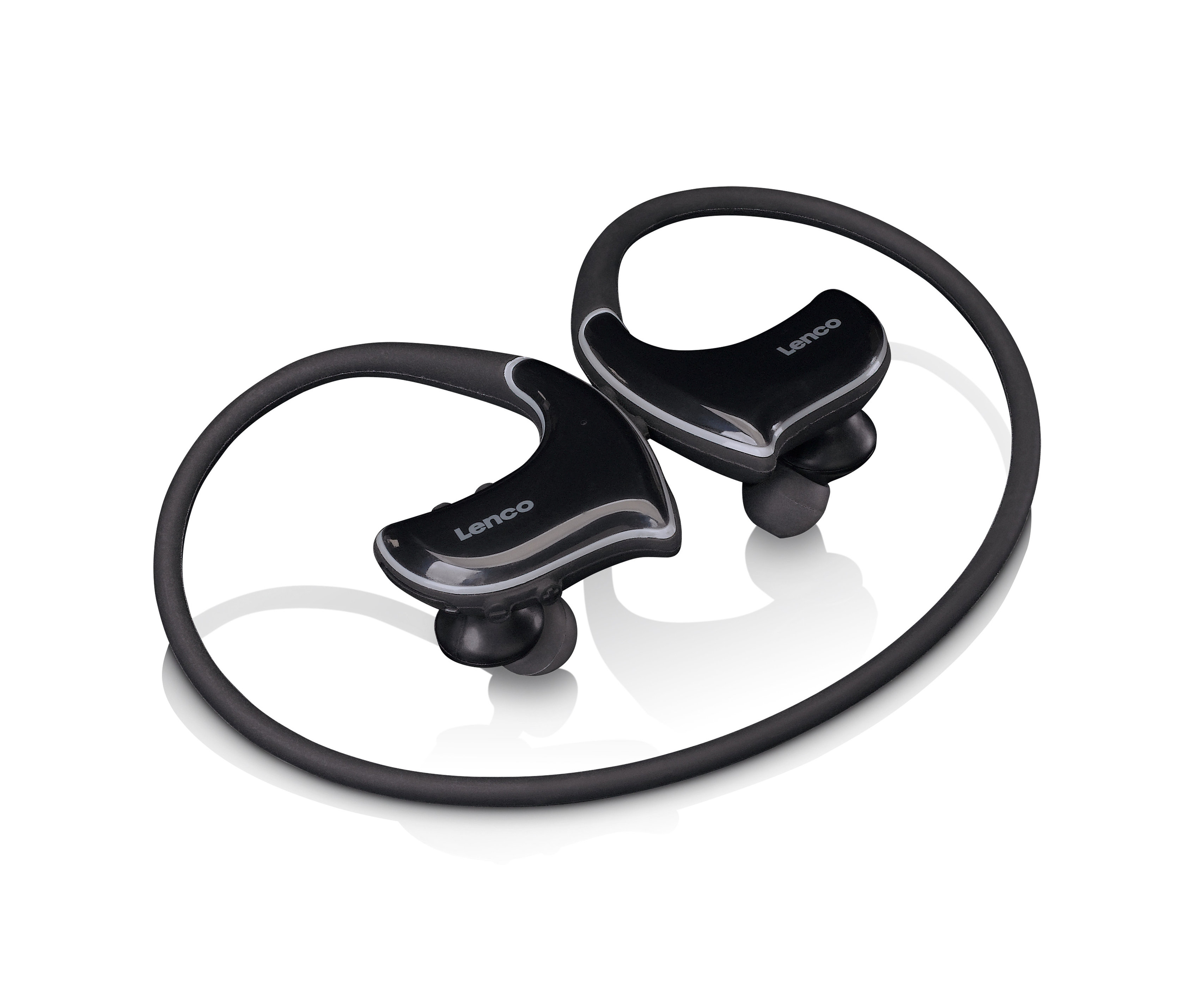 Schwarze Lenco Sport Bluetooth-Kopfhörer BTX-750BK auf einem weißen Hintergrund.