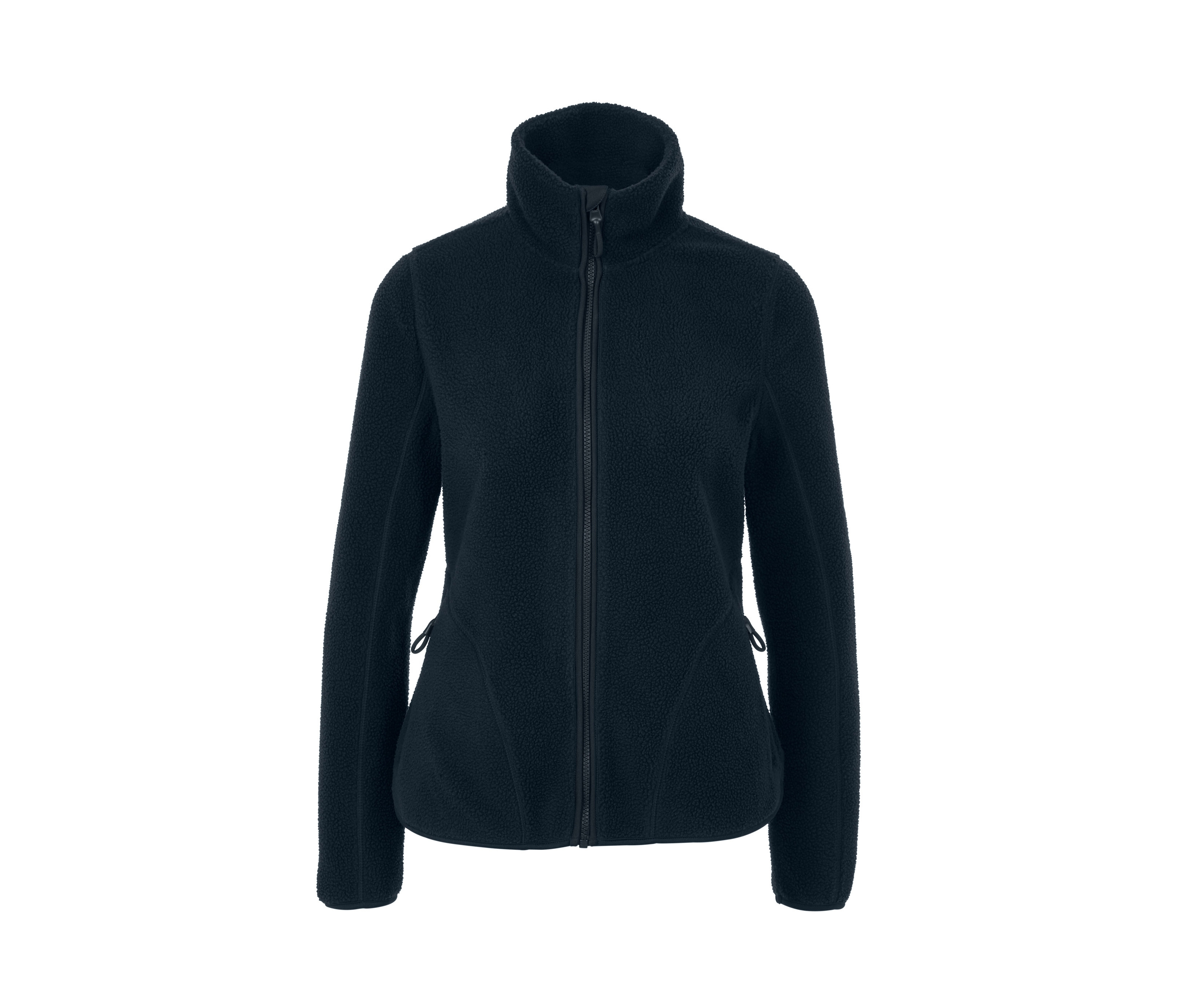 Eine dunkelblaue Teddyplüsch-Jacke mit Kragen und Reißverschluss.