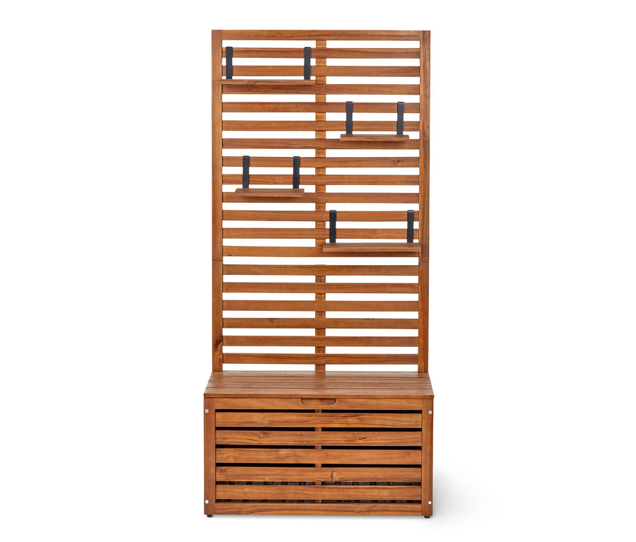 Eine Balkon-Sichtschutzbank mit Stauraum aus Akazienholz.