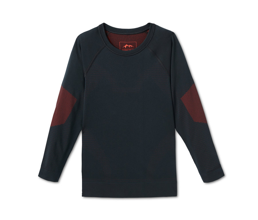 Dunkelblaue Seamless-Funktionsunterwäsche mit langen Ärmeln und roten Details an den Ellbogen.