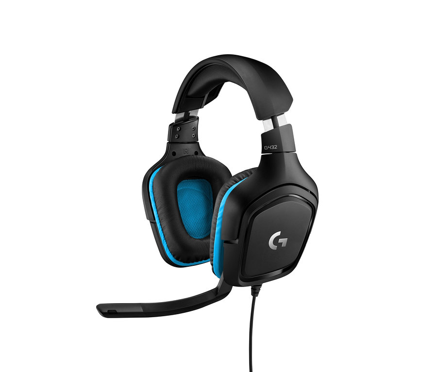 Schwarzes und blaues Logitech G432 Gaming-Headset vor weißem Hintergrund.