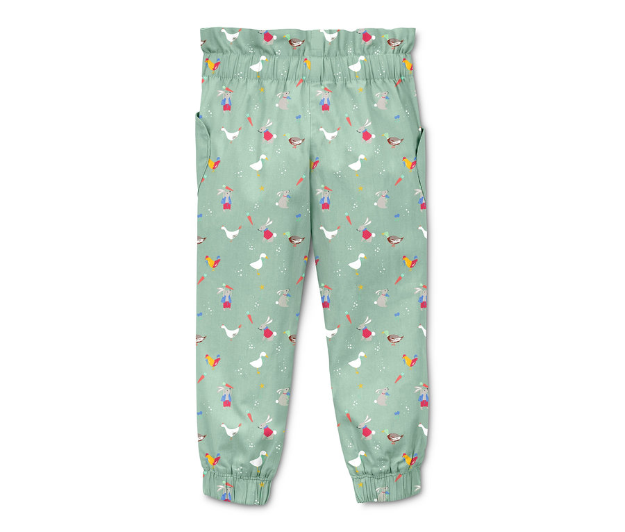 Grüne Schlupfhose aus Bio-Baumwolle mit Hasen-, Enten- und Karottenmuster.