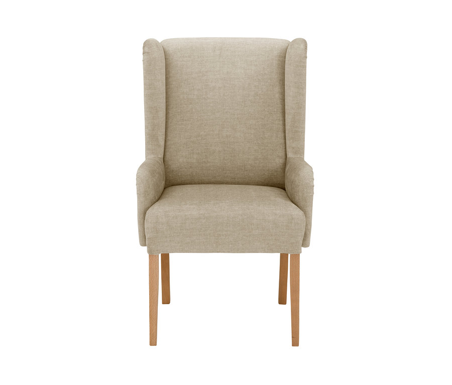 Frontansicht eines beigegepolsterten Hochlehner-Polsterstuhls mit Armlehne »Hendrick«.