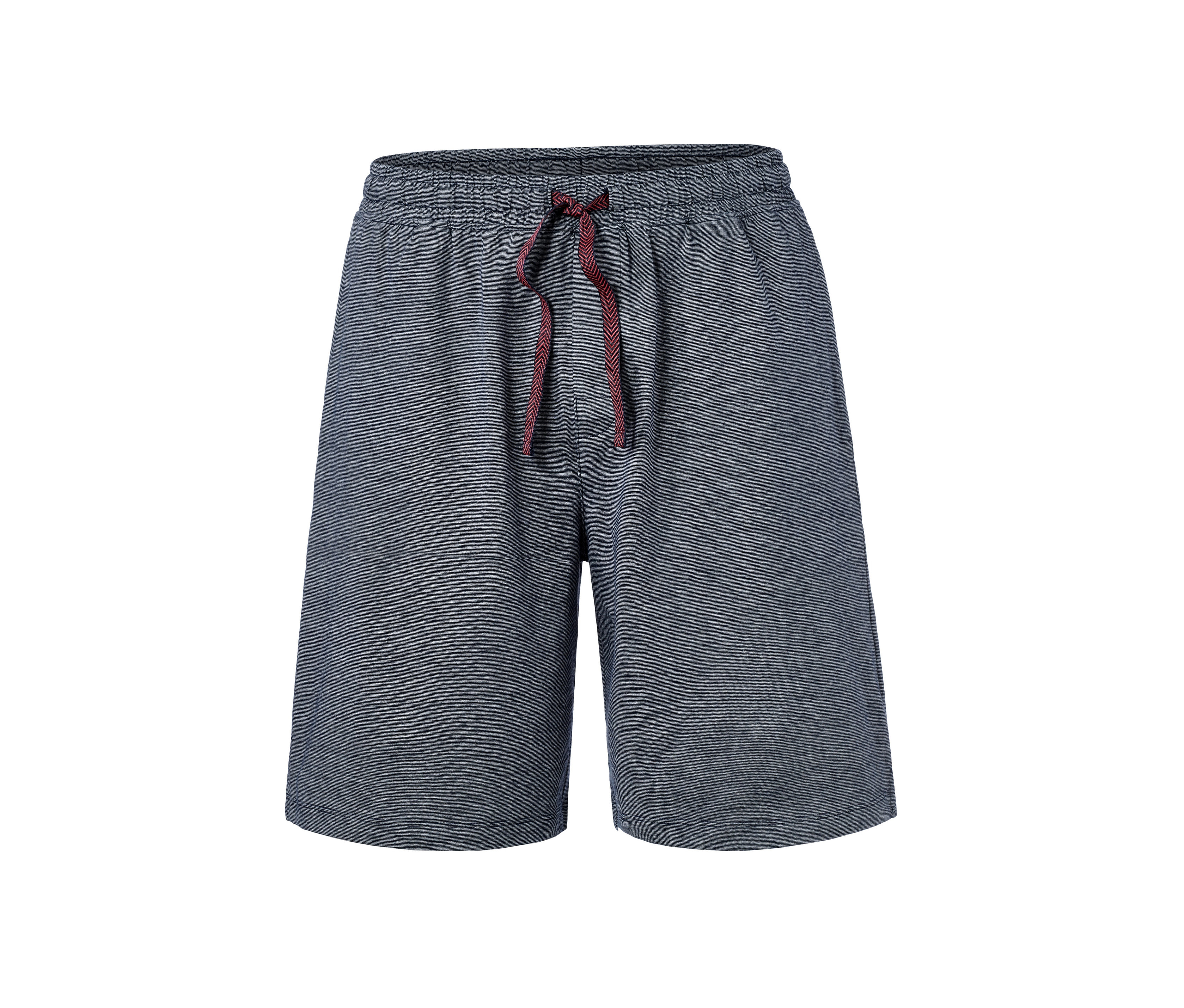 Graue Jersey-Schlafshorts mit weinrotem Kordelzug.