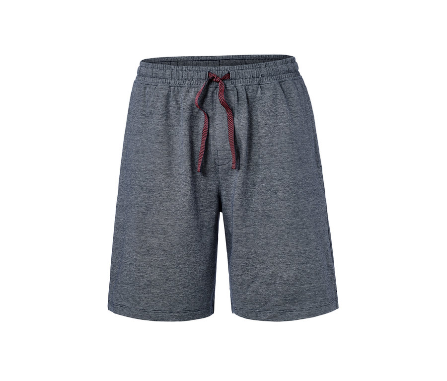 Graue Jersey-Schlafshorts mit weinrotem Kordelzug.