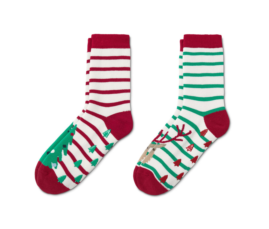 Zwei Paar Antirutsch-Socken mit Bio-Baumwolle mit Weihnachtsmotiv.