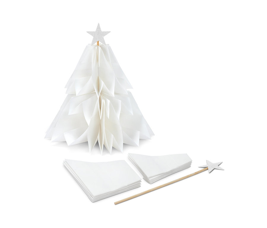 Papierbaum-Bastel-Set mit einem weißen Papierbaum, Papierstapel und einem Holzstab mit Stern.