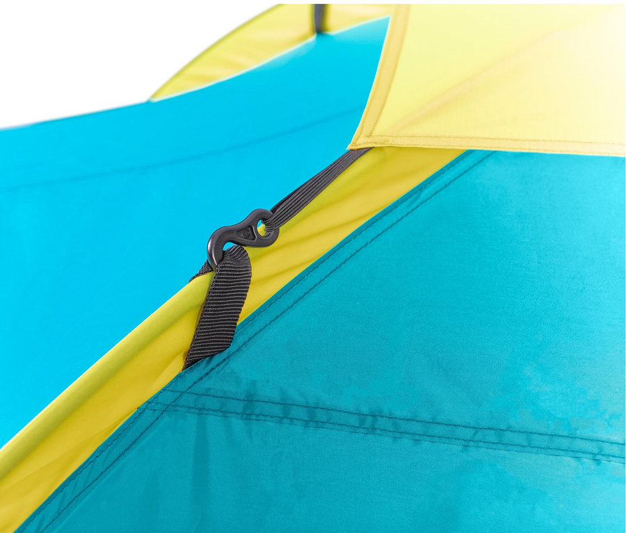 Detailansicht des Bestway® Pavillo-Zelt »Activemount 3« mit türkisfarbenem und gelbem Stoff sowie schwarzem Gurtband.