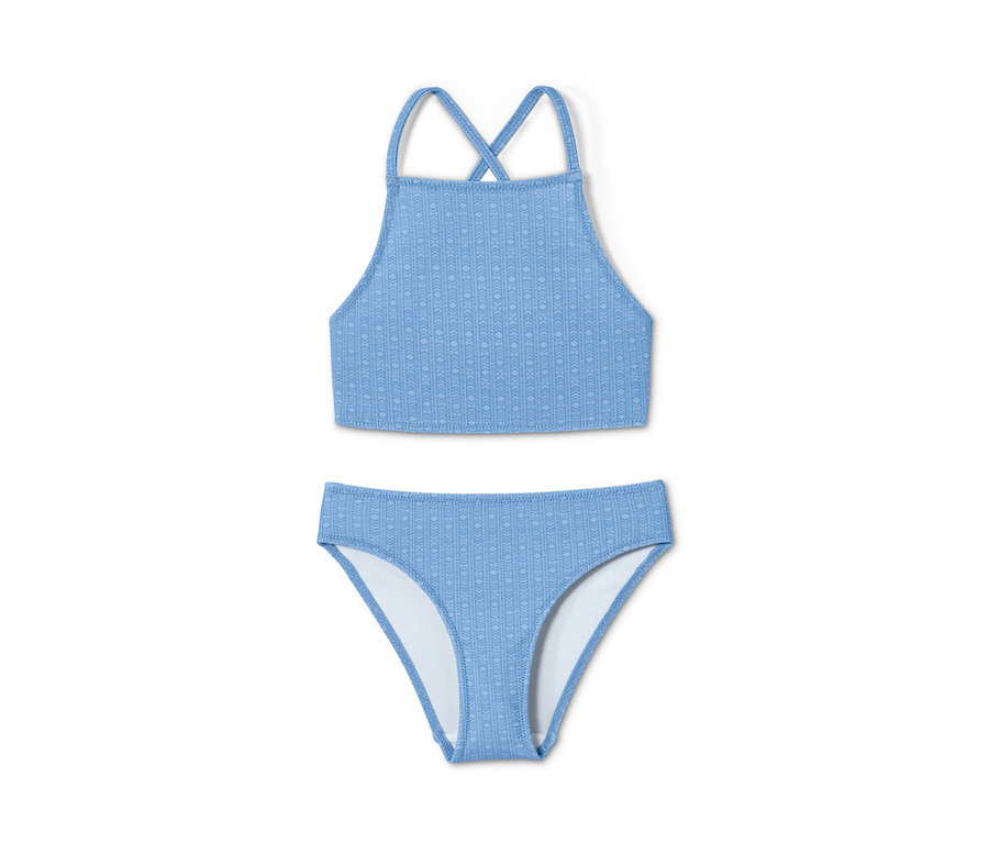 Ein blaues Bikini-Set mit geometrischem Muster.