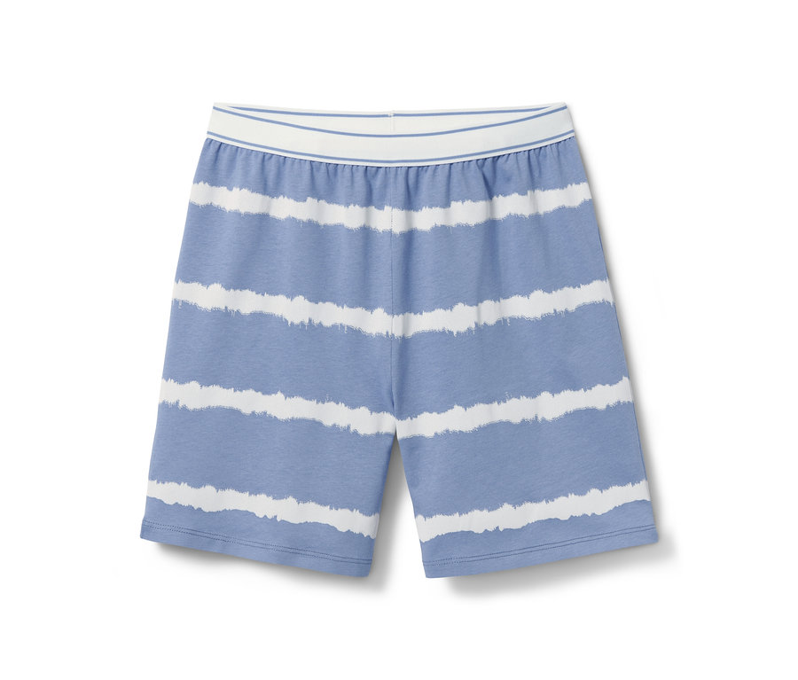 Blaue Bio-Baumwoll-Pyjamashorts mit weißen Streifen.