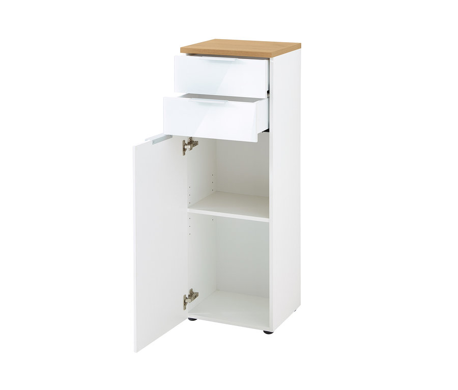Weißer, schmaler Schrank »Pescara« mit zwei Schubladen und offener Tür.