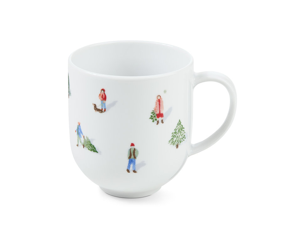 Weißer Jumbobecher mit Abbildungen von Menschen und Weihnachtsbäumen.