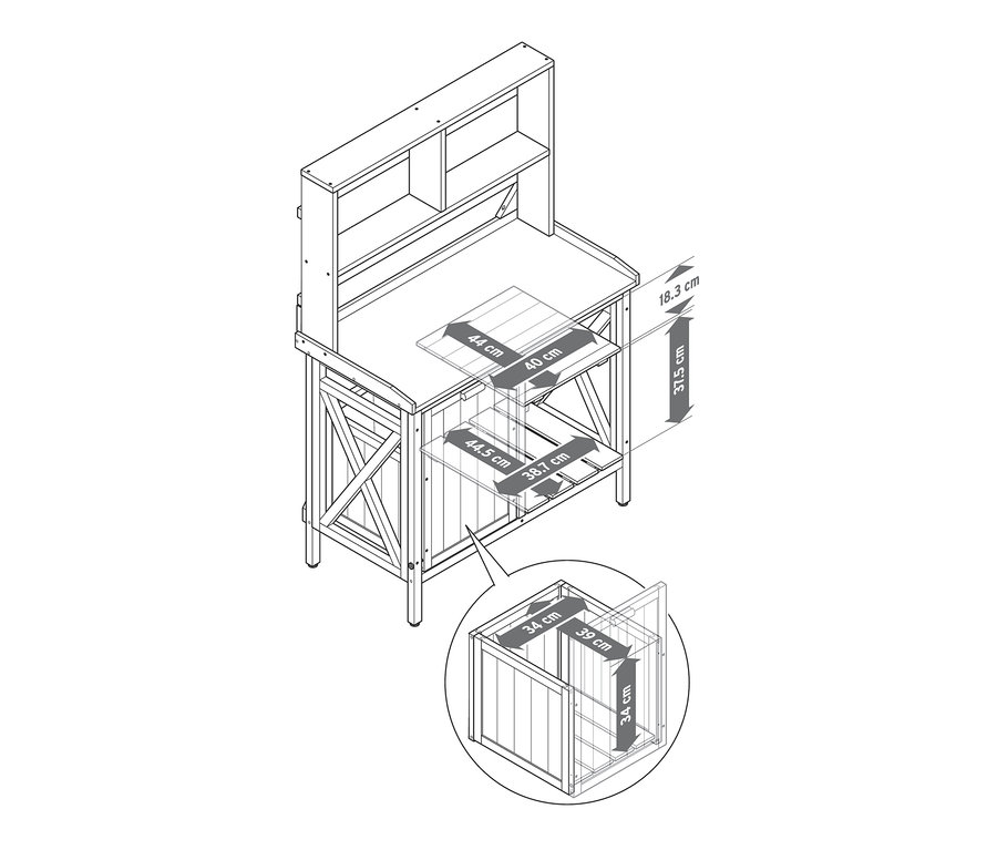 Eine Schemazeichnung des Pflanztischs »Jonte« mit Abfallbehälter und Regal mit Maßangaben.