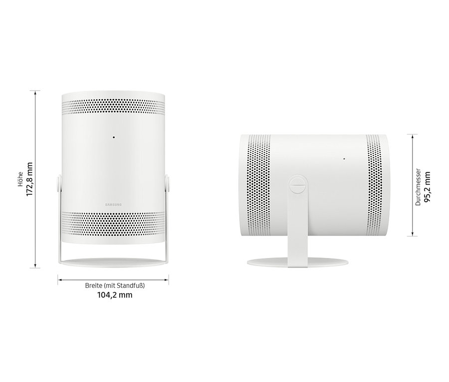 Zwei Ansichten eines weißen Projektors. Beschriftungen zeigen 172,8 mm Höhe und 95,2 mm Durchmesser.