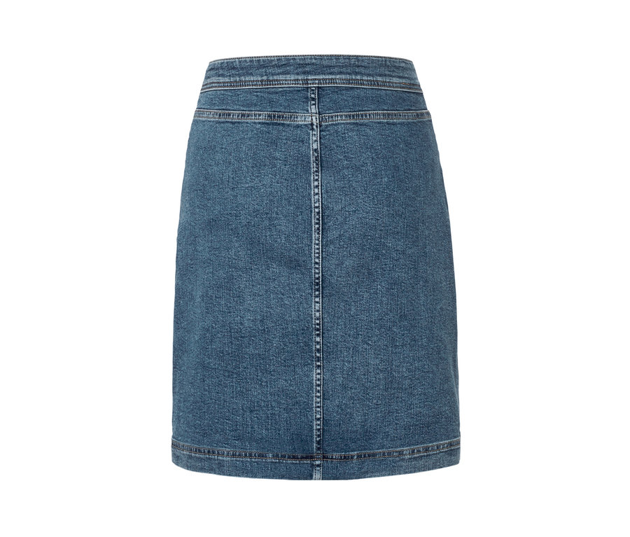 Detailansicht der Rückseite eines Jeansrocks mit Knopfleiste.