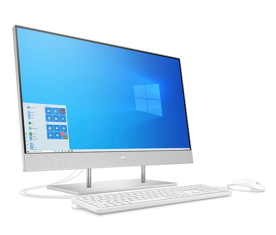 Silberner All-in-One Computer mit weißer Tastatur und Maus auf weißem Hintergrund. Zu sehen ist ein HP 27" All-in-One 27-dp1401ng PC.