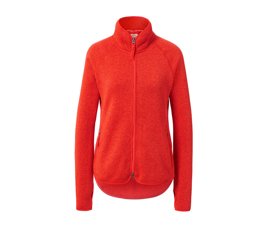 Orange Strickfleece-Jacke mit Reißverschluss in der Mitte.