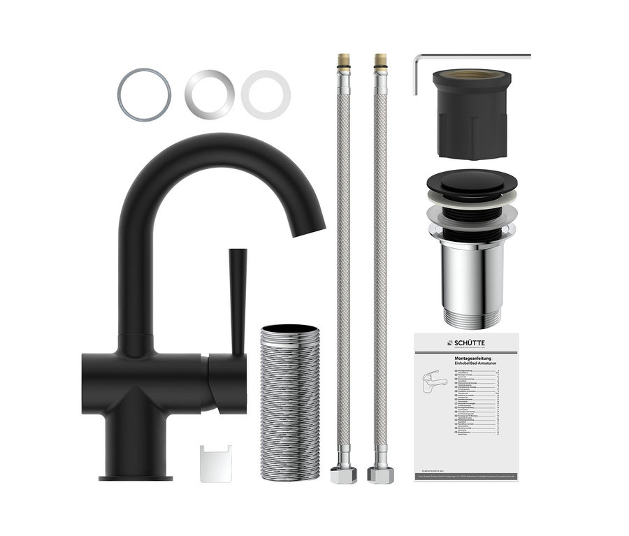 Eine schwarze Waschtischarmatur »Cornwall« und Installationsmaterial auf weißem Hintergrund.
