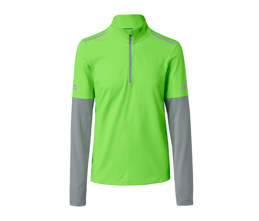 Grünes Thermo-Funktionsshirt mit langen grauen Ärmeln und silbernem Reissverschluss.