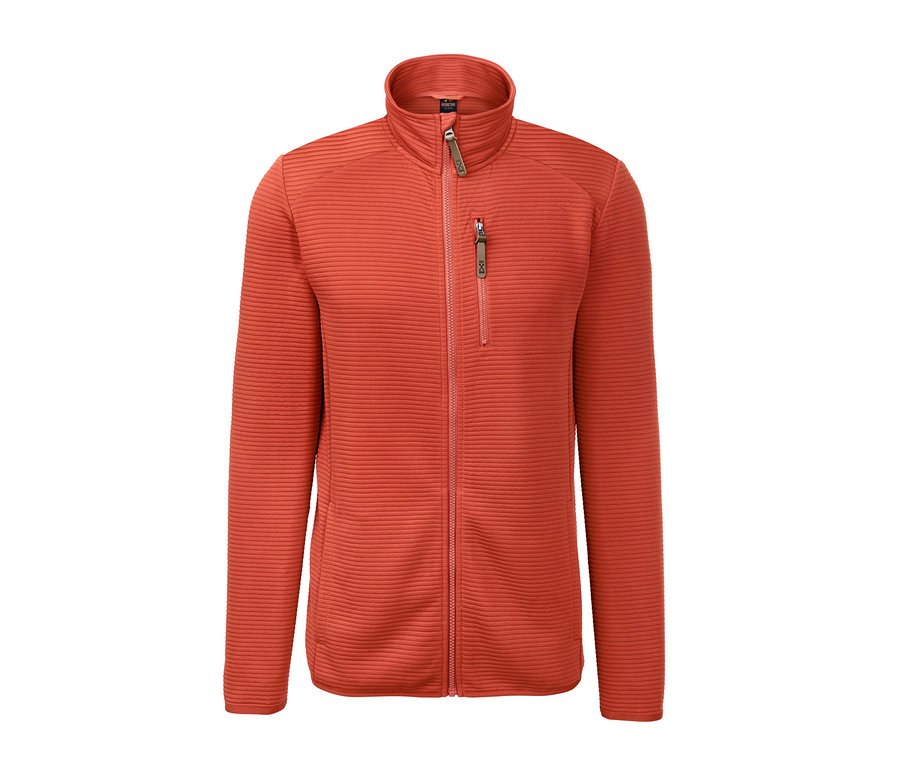 Orange Funktionsjacke mit Reißverschluss in der Mitte.