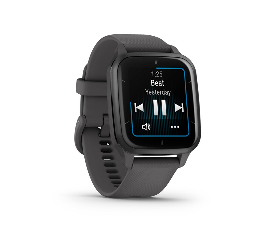 Graue Uhr mit einem Musikplayer auf dem Zifferblatt. GARMIN Venu SQ2, grau