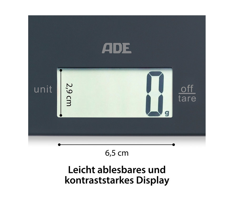 Detail einer grauen ADE Digitalen Küchenwaage »Leonie« mit einer Anzeige von 0 g.